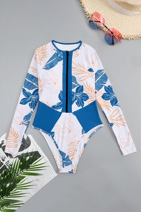 Clearance | Blue Tropical Print Long Sleeve One Piece Surfing Swimsuit UPF50+ Rash Guard