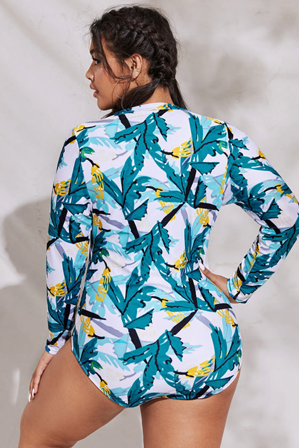 Clearance | Plus Size Tropical Doodle Print Long Sleeve UPF50+ Rash Guard