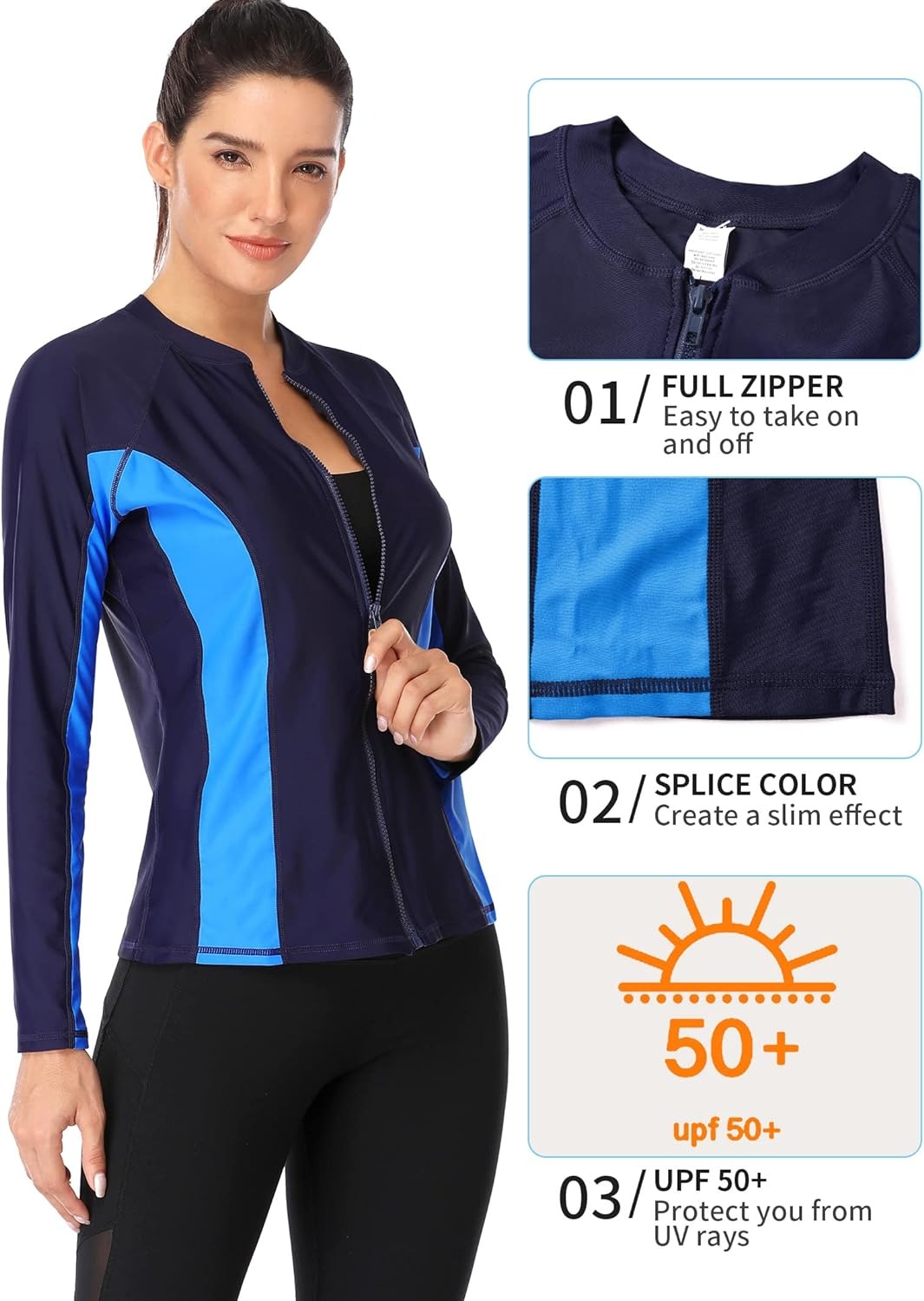Damen Rashguard Badeanzug Reißverschluss Front Sonnenschutz Schwimmhemd UPF 50+