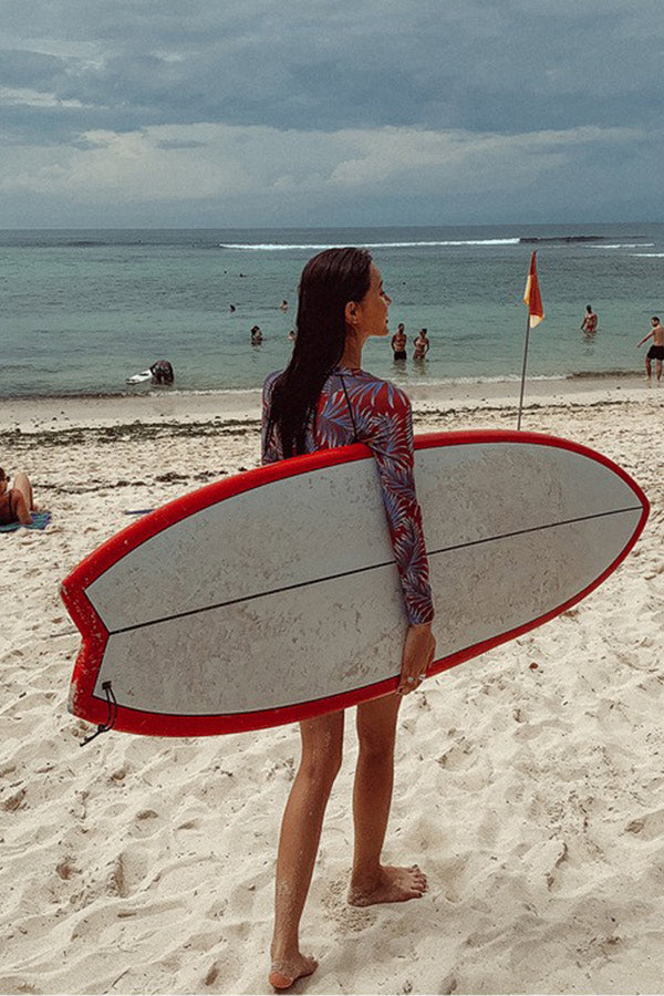 Clearance | One Piece Blue Leaf Print Zip-Up Long-Sleeve Swimsuit UPF50+ Rash Guard