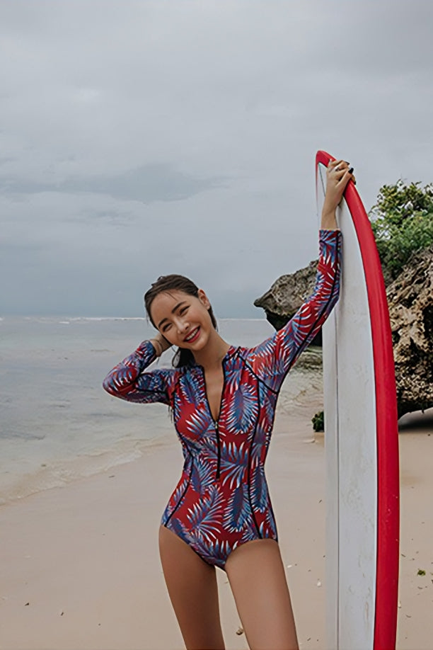 Clearance | One Piece Blue Leaf Print Zip-Up Long-Sleeve Swimsuit UPF50+ Rash Guard