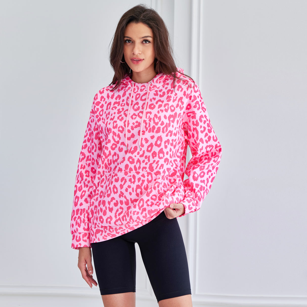 Leopard Print Hooded Oversized Comfort Sweatshirt with Pocket