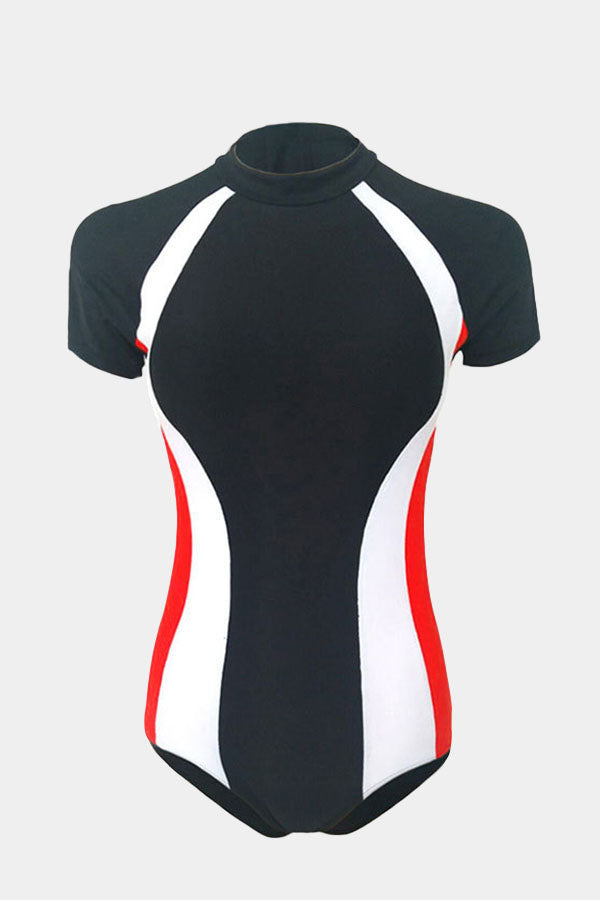 Colorblock Kurzarm Zip One -Stück Sport Badeanzug