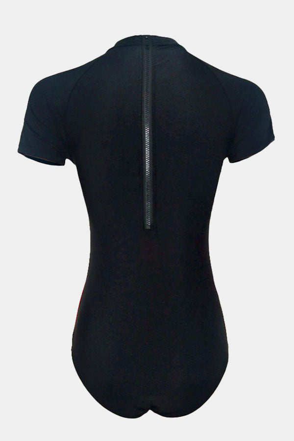Colorblock Kurzarm Zip One -Stück Sport Badeanzug