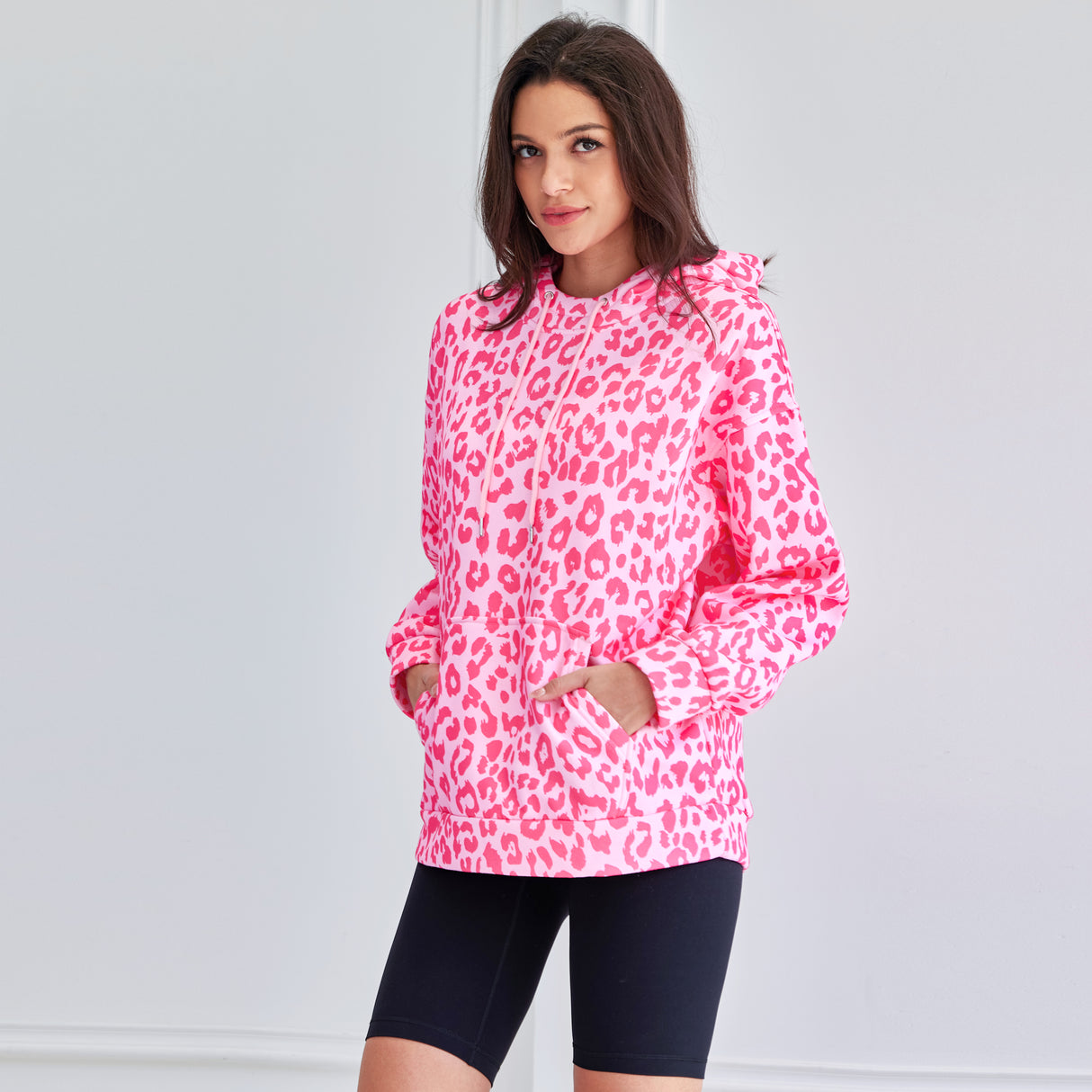 Leopard Print Hooded Oversized Comfort Sweatshirt with Pocket