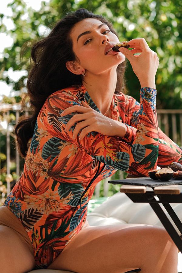 Clearance | Leaf and Floral Print Front Zip Long Sleeve UPF50+ Rash Guard