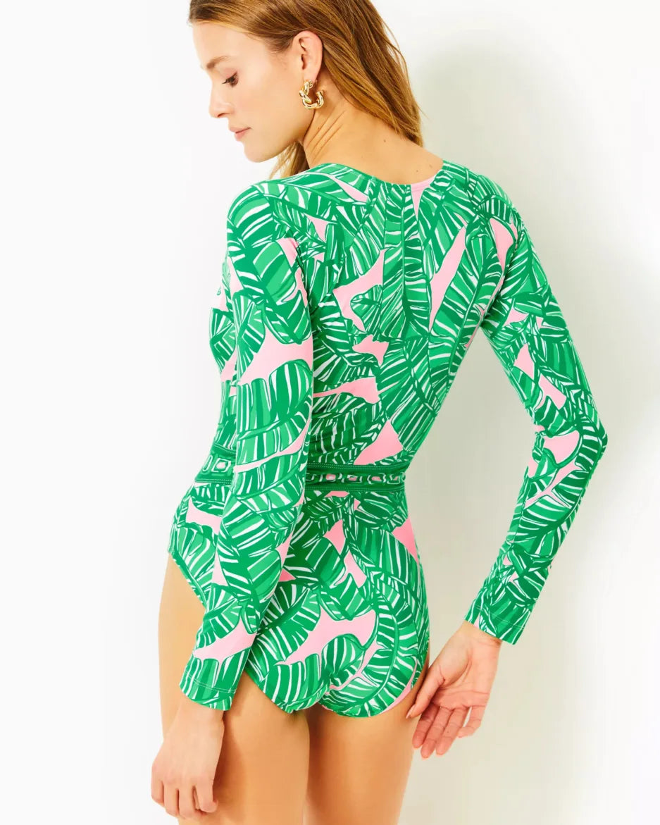 Clearance | Vintage Green Leaf Print Zipper Long Sleeve One-Piece Swimsuit UPF50+ Rash Guard