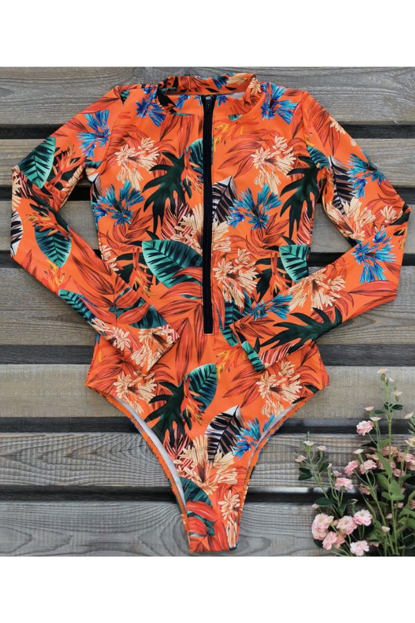 Leaf and Floral Print Front Zip Long Sleeve UPF50+ Rash Guard