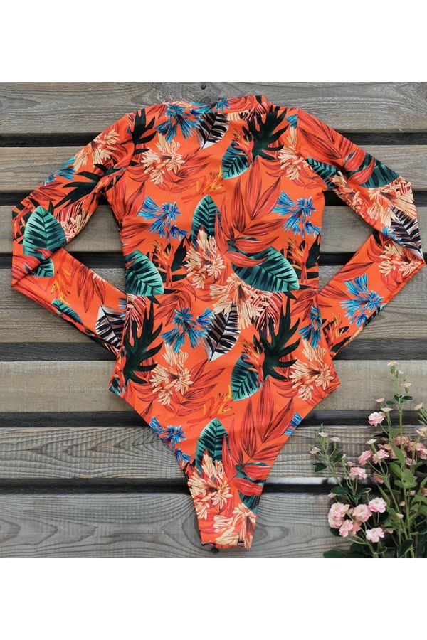 Clearance | Leaf and Floral Print Front Zip Long Sleeve UPF50+ Rash Guard