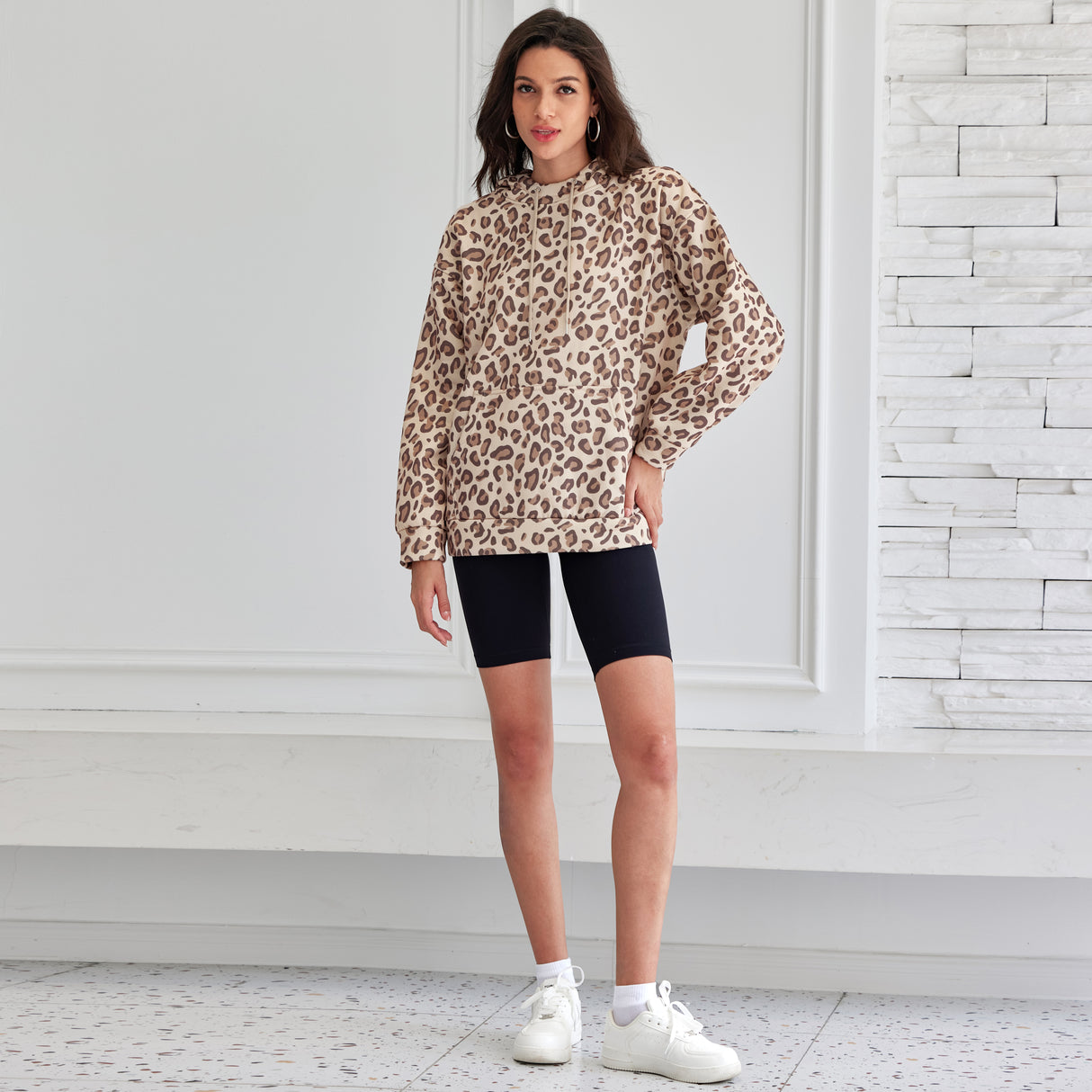 Leopard Print Hooded Oversized Comfort Sweatshirt with Pocket