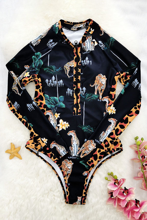 Estampado leopardo Manga larga Half Zip Upf50+ Guardia de erupción