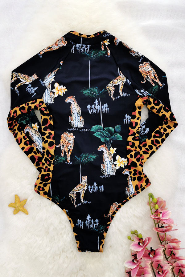Estampado leopardo Manga larga Half Zip Upf50+ Guardia de erupción