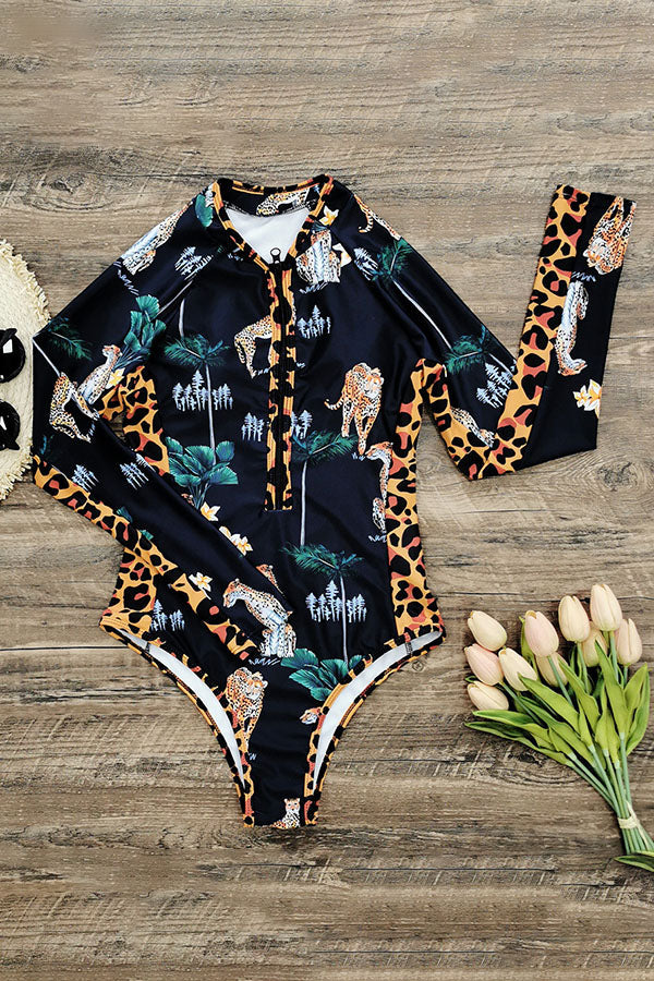 Estampado leopardo Manga larga Half Zip Upf50+ Guardia de erupción