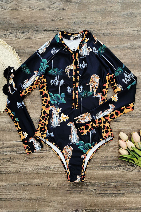 Estampado leopardo Manga larga Half Zip Upf50+ Guardia de erupción