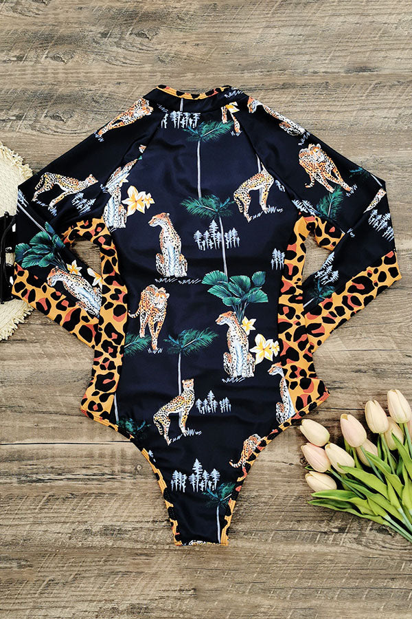 Estampado leopardo Manga larga Half Zip Upf50+ Guardia de erupción