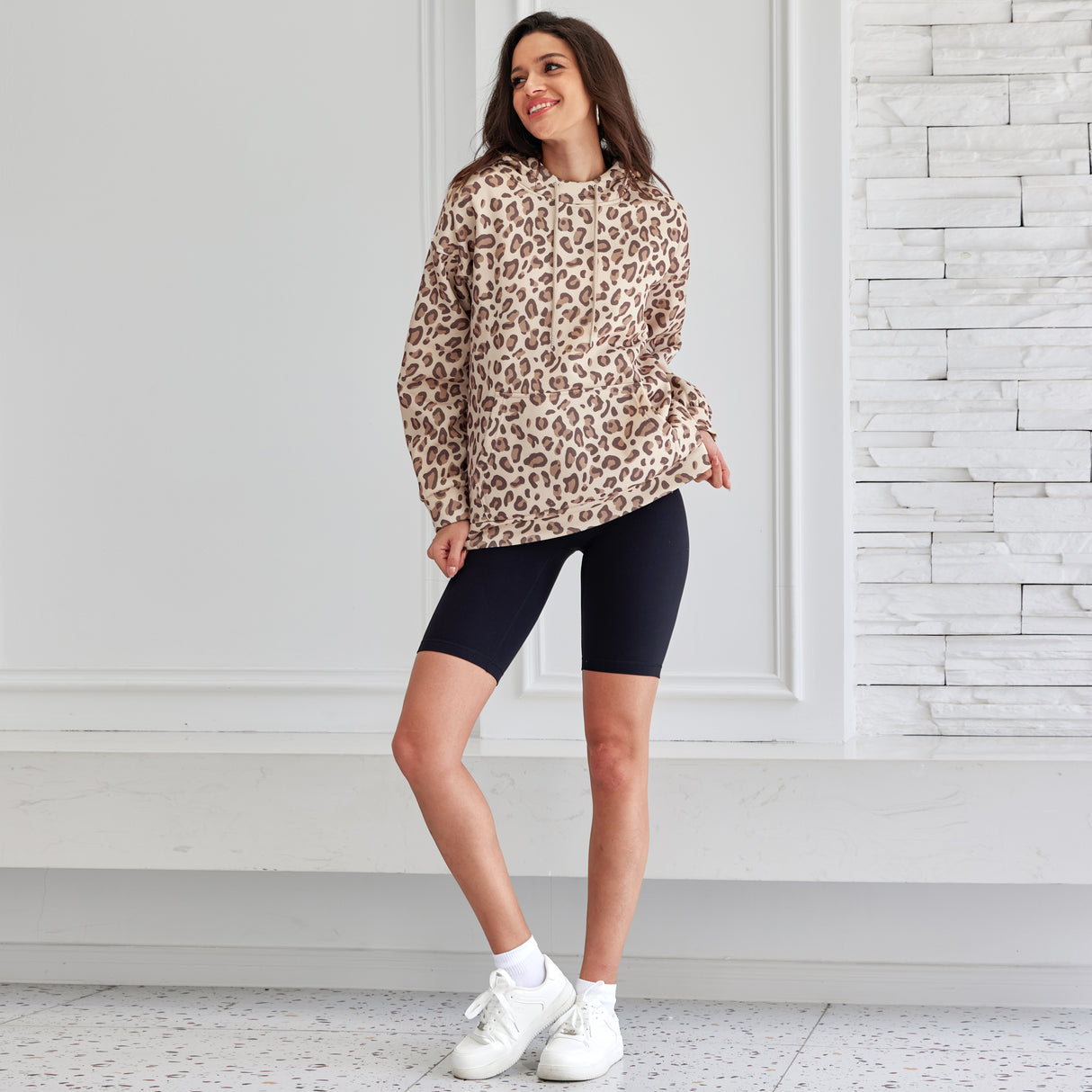 Leopard Print Hooded Oversized Comfort Sweatshirt with Pocket