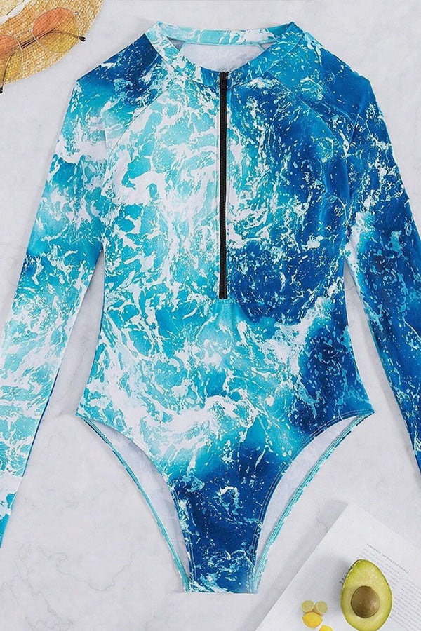 Printed Half Zipper Long Sleeve One-piece Swimsuit UPF50+ Rash Guard