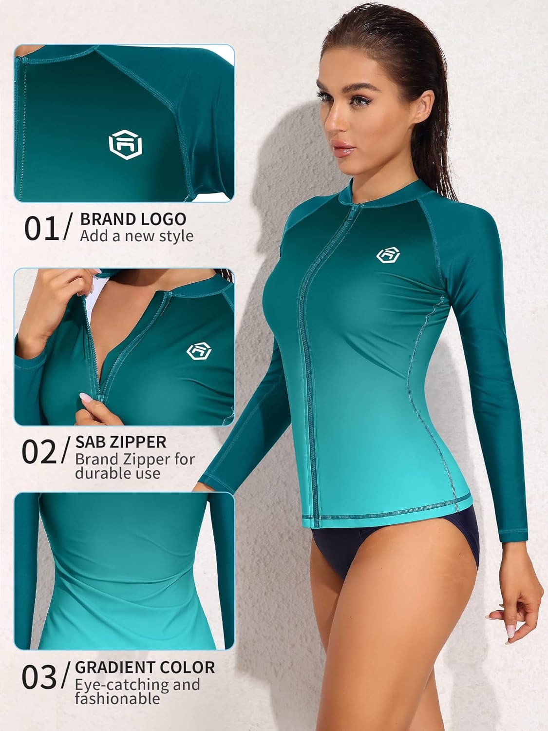 Camicia da bagno a manica lunga con cerniera a gradiente verde UPF50 Rash Guard