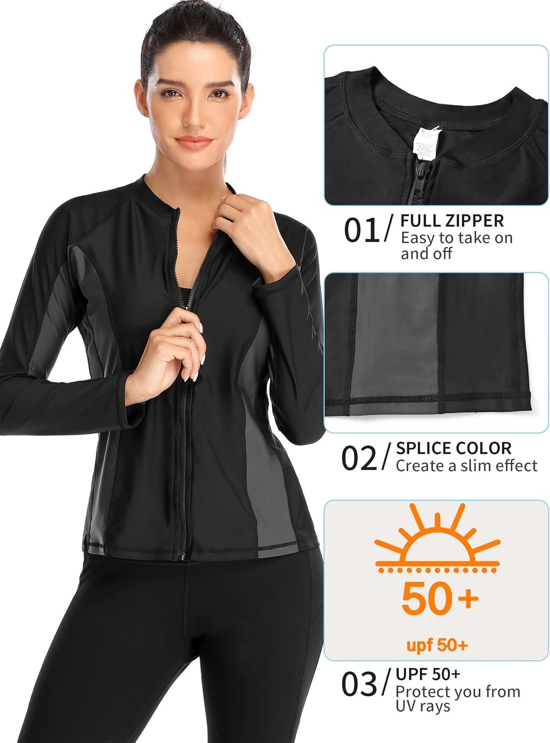 Damen Rashguard Badeanzug Reißverschluss Front Sonnenschutz Schwimmhemd UPF 50+