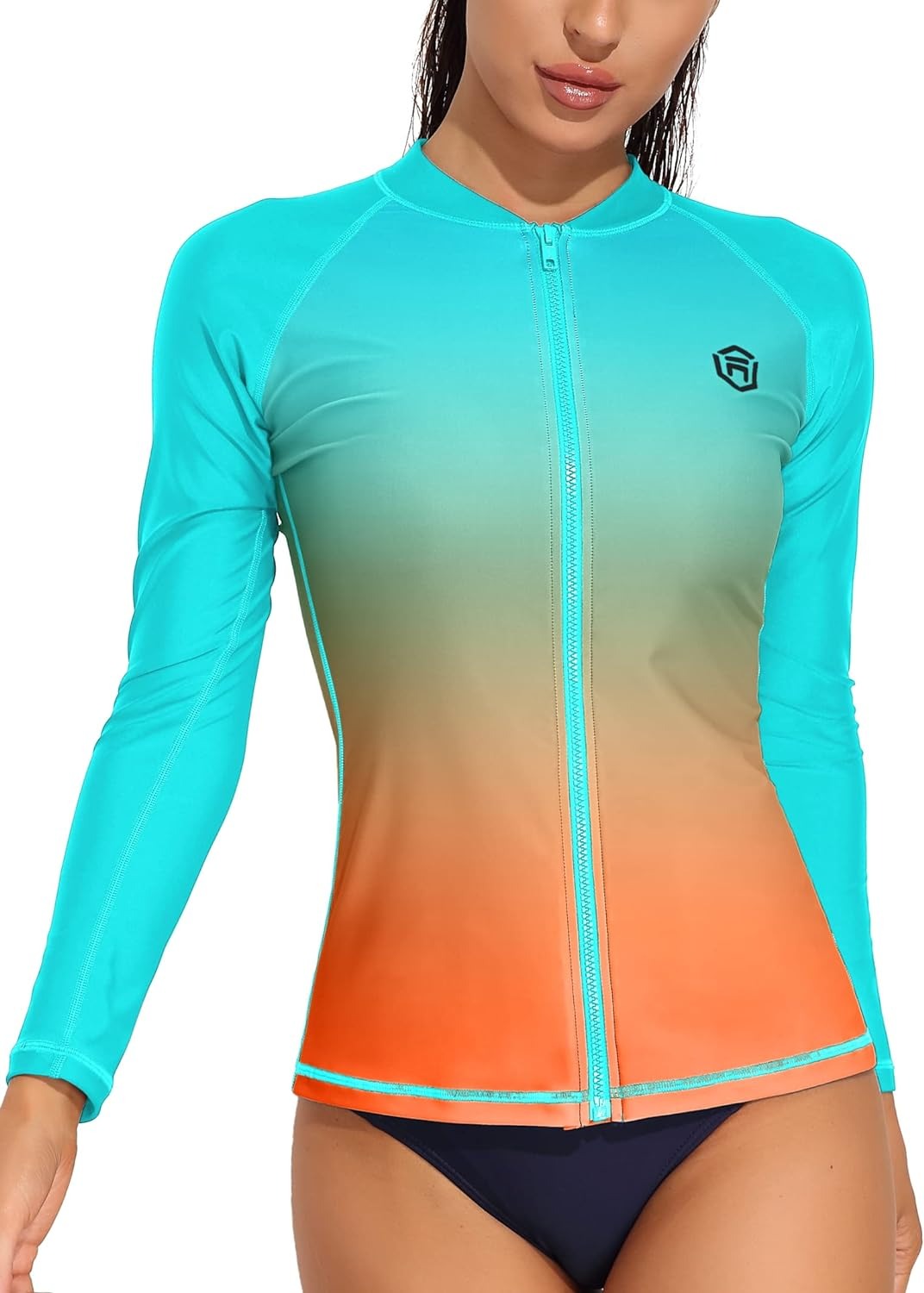 Color Gradient Zipper Long Sleeve Swim Shirt UPF50+ Rash Guard
