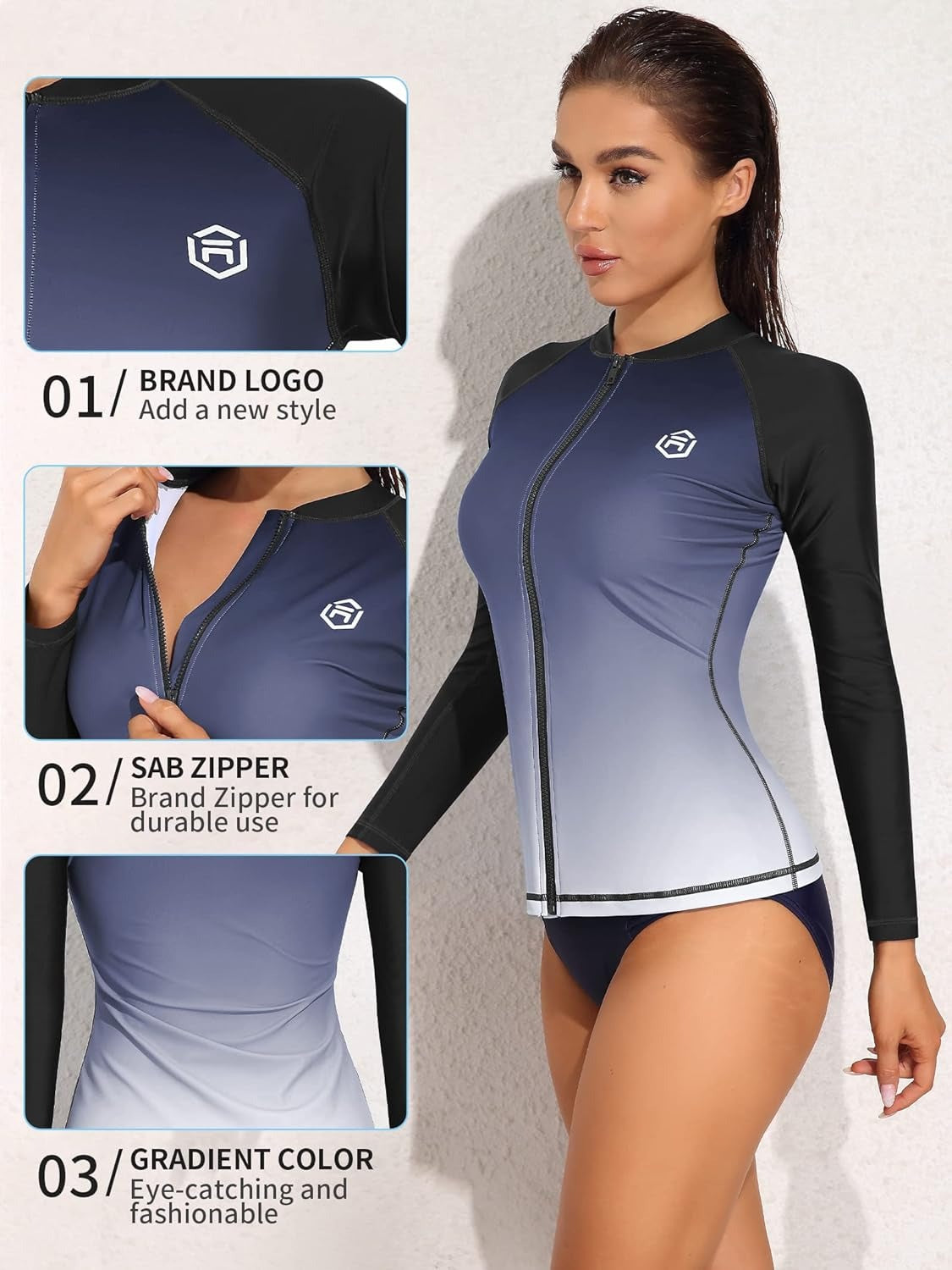 Camicia da bagno a manica lunga con cerniera a gradiente grigio UPF50 Rash Guard
