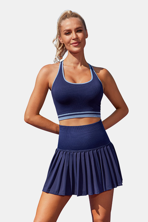 Jupe plissée taille haute des femmes deux pièces robe de golf de tennis marine