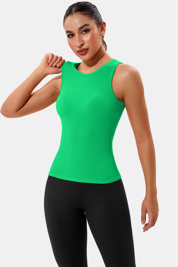 Green High Neck Full Back Seamless Tight Fit Ribbed Tank Top