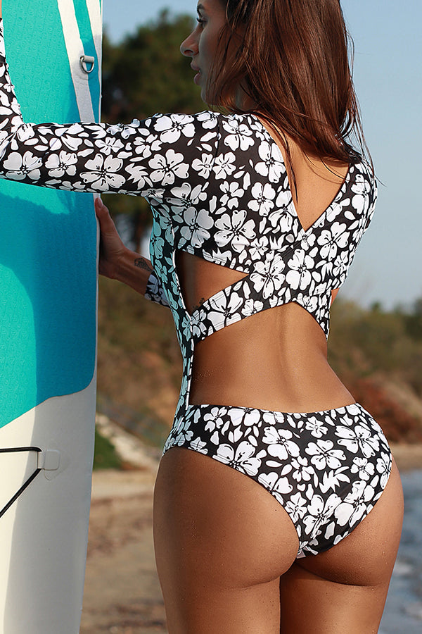Clearance | Black Disty Floral Cut Out Long Sleeve Zip UPF50+ Rash Guard