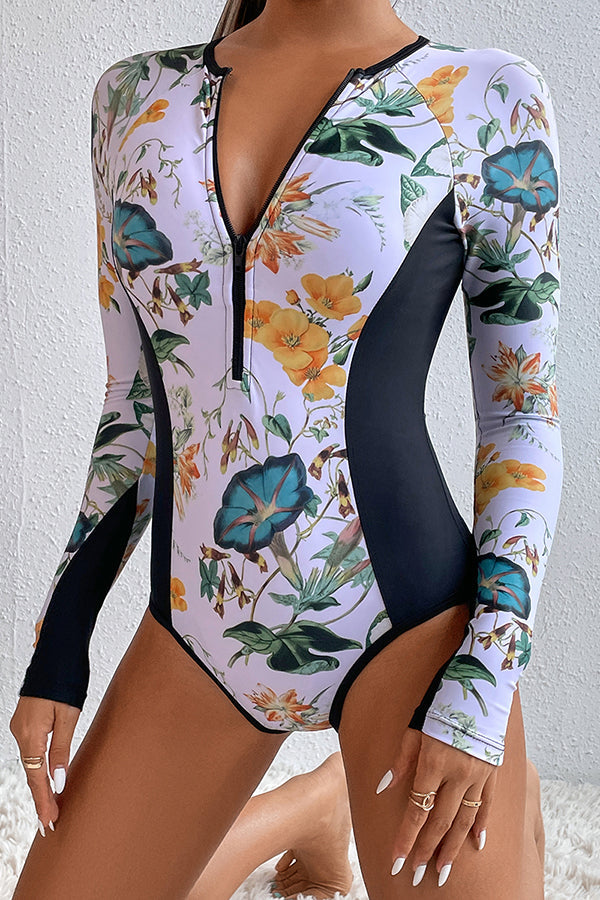 Morning Glory Print Long Sleeve Zip UPF50+ Rash Guard