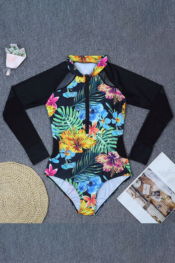 Floral Print Mesh Spliced UPF50+ Rash Guard