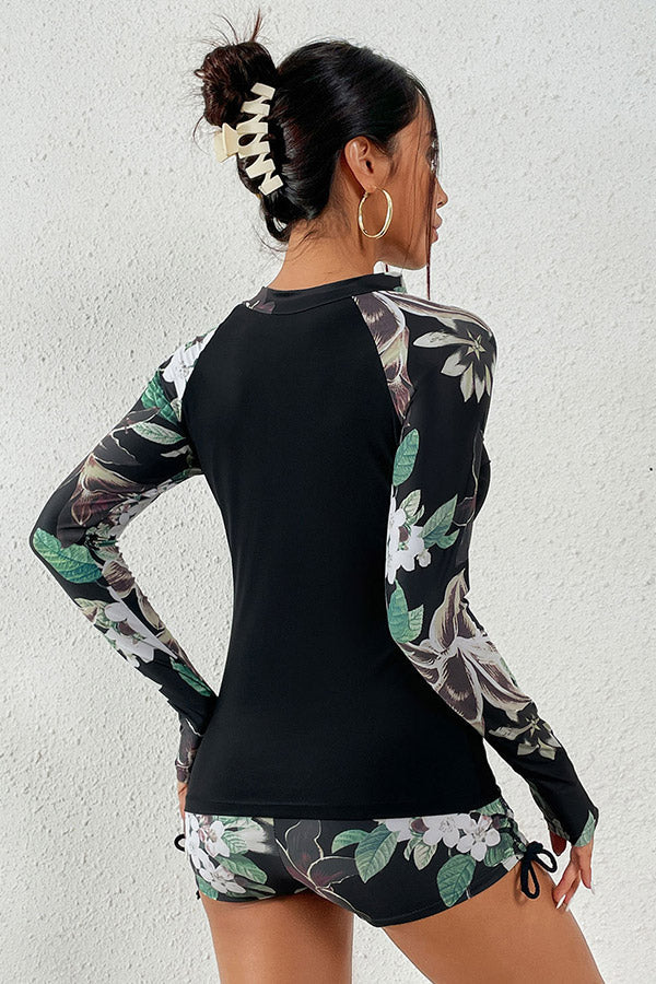 Floral Print Zip Front Long Sleeve UPF50+ Rash Guard