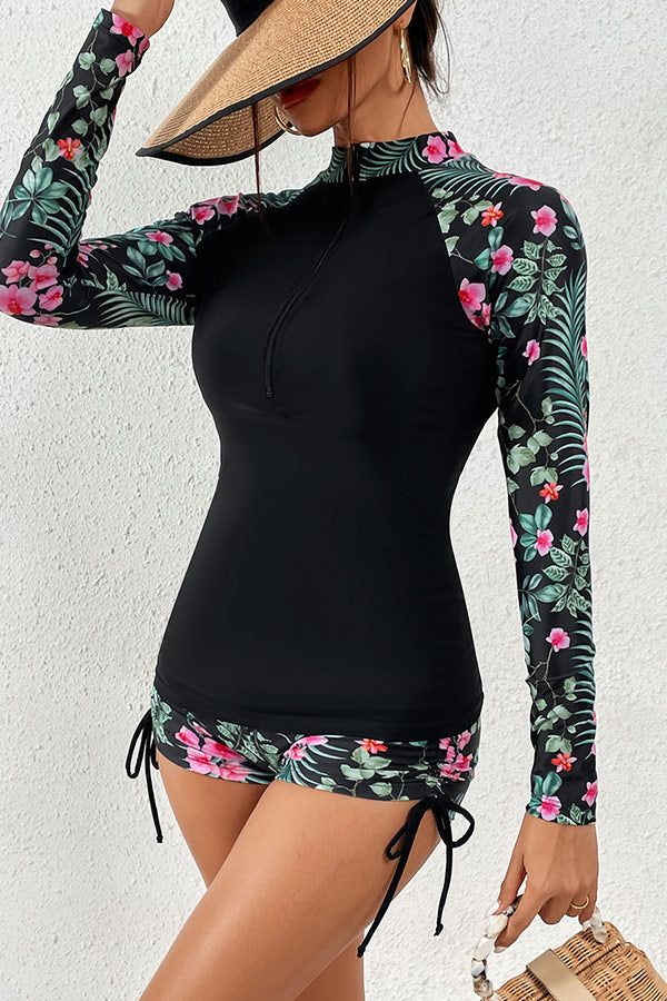 Floral Print Zip Front Long Sleeve UPF50+ Rash Guard