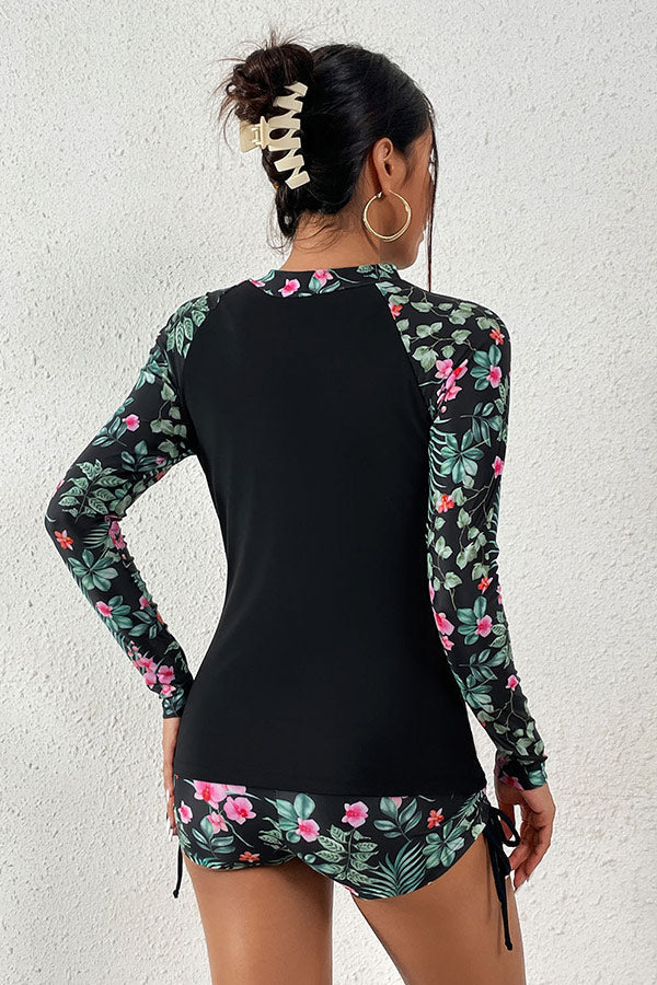 Floral Print Zip Front Long Sleeve UPF50+ Rash Guard