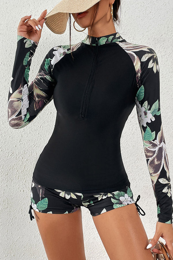 Floral Print Zip Front Long Sleeve UPF50+ Rash Guard