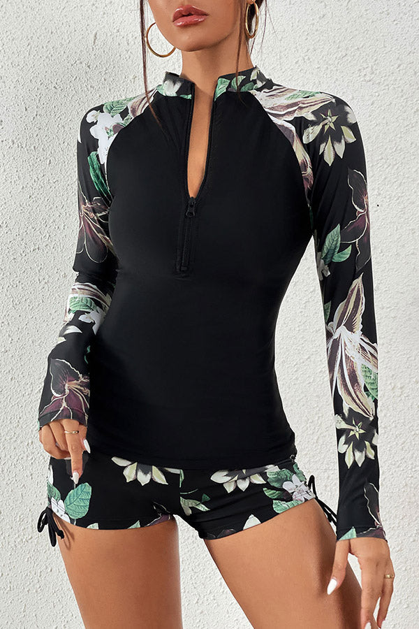 Floral Print Zip Front Long Sleeve UPF50+ Rash Guard