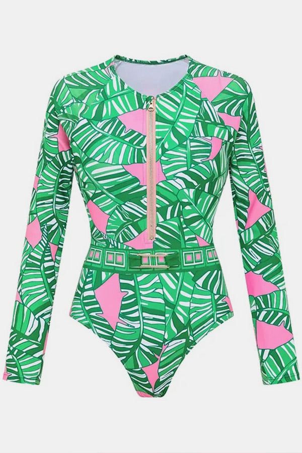Clearance | Vintage Green Leaf Print Zipper Long Sleeve One-Piece Swimsuit UPF50+ Rash Guard