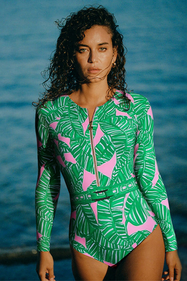 Clearance | Vintage Green Leaf Print Zipper Long Sleeve One-Piece Swimsuit UPF50+ Rash Guard
