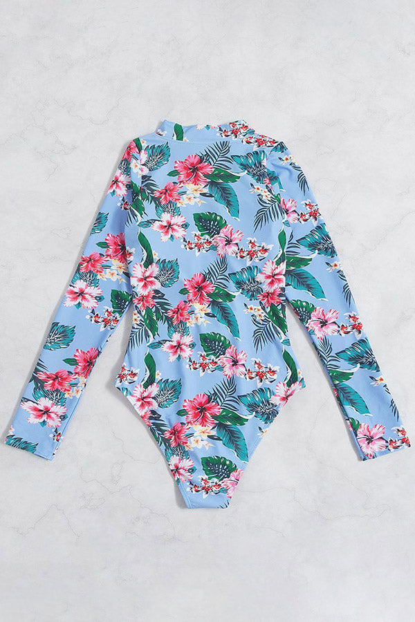 Floral and Leaf Print Zip Front Long Sleeve UPF50+ Rash Guard