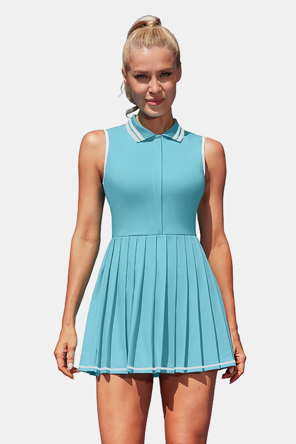 Vestito da golf da donna con motivo a mezza zip pieghettato blu con pantaloncini e reggiseno