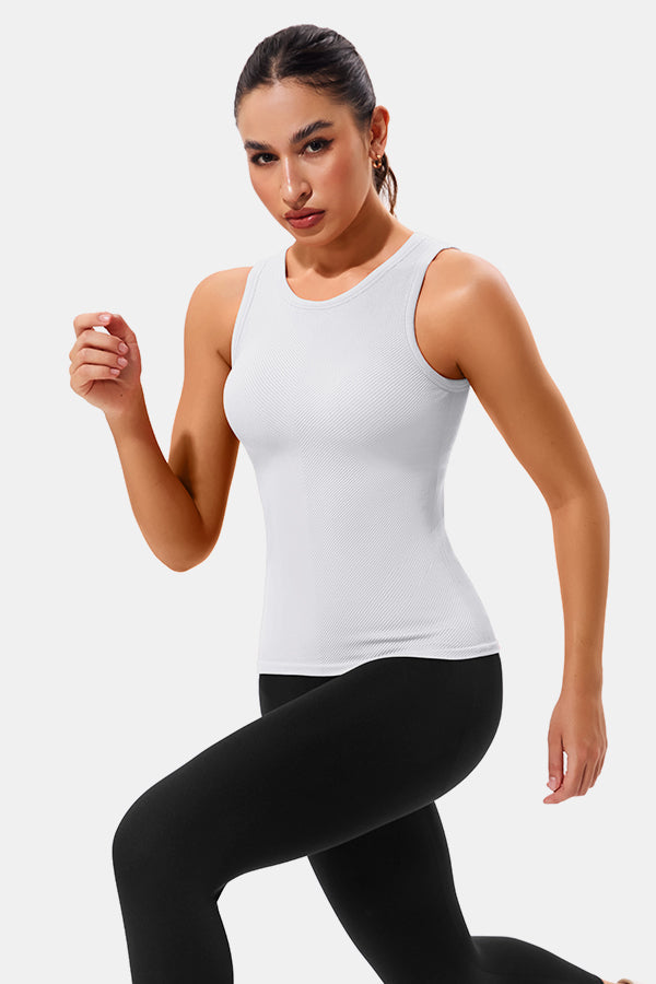 White High Neck Full Back Seamless Tight Fit Ribbed Tank Top
