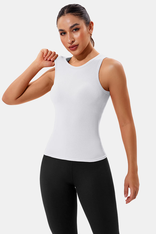 White High Neck Full Back Seamless Tight Fit Ribbed Tank Top
