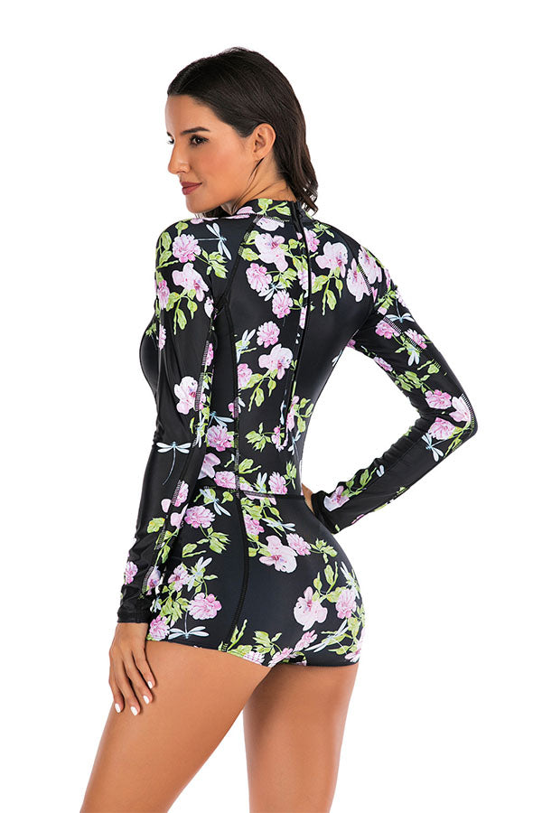 Purple Floral Boyleg Zip Long Sleeve UPF50+ Rash Guard-Attraco | Fashion Outdoor Clothing