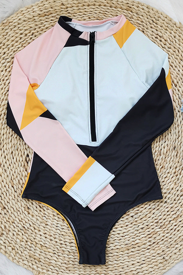Colorblock Front Zip Long Sleeve UPF50+ Rash Guard