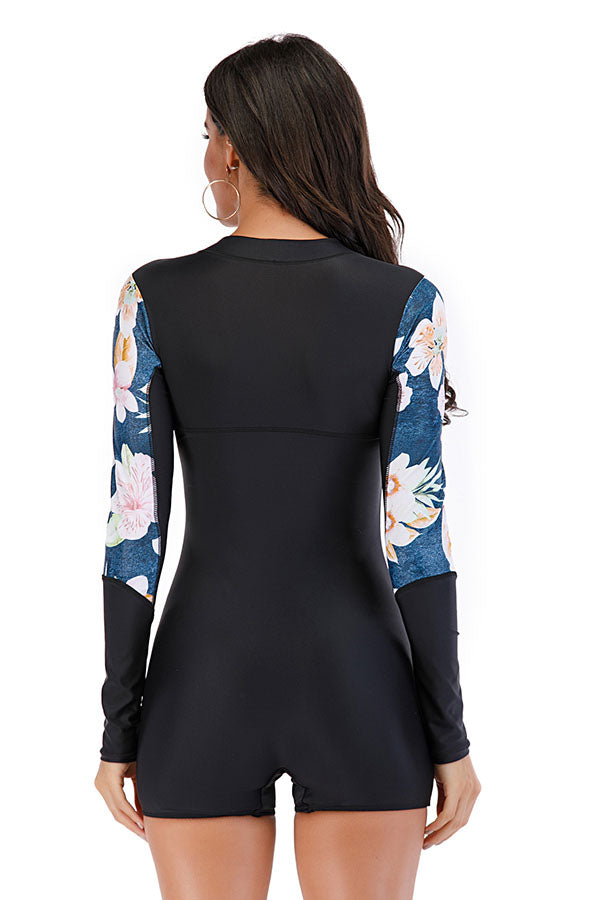 Black Floral Panel Boyleg Zip Long Sleeve UPF50+ Rash Guard-Attraco | Fashion Outdoor Clothing