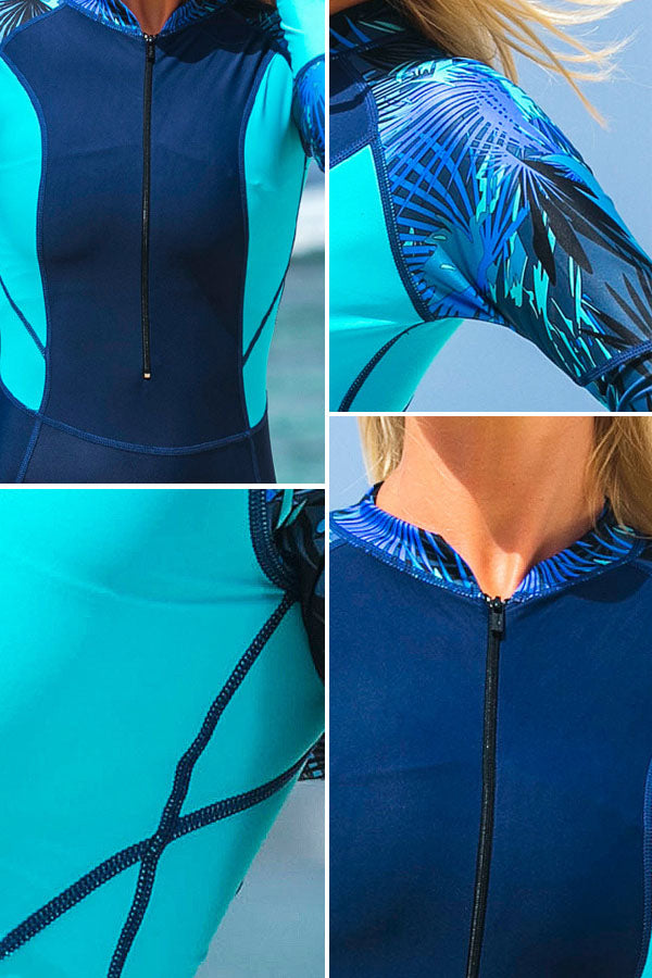 Blue Print Spliced Front Zip Long Sleeve Spring Suit Wetsuit