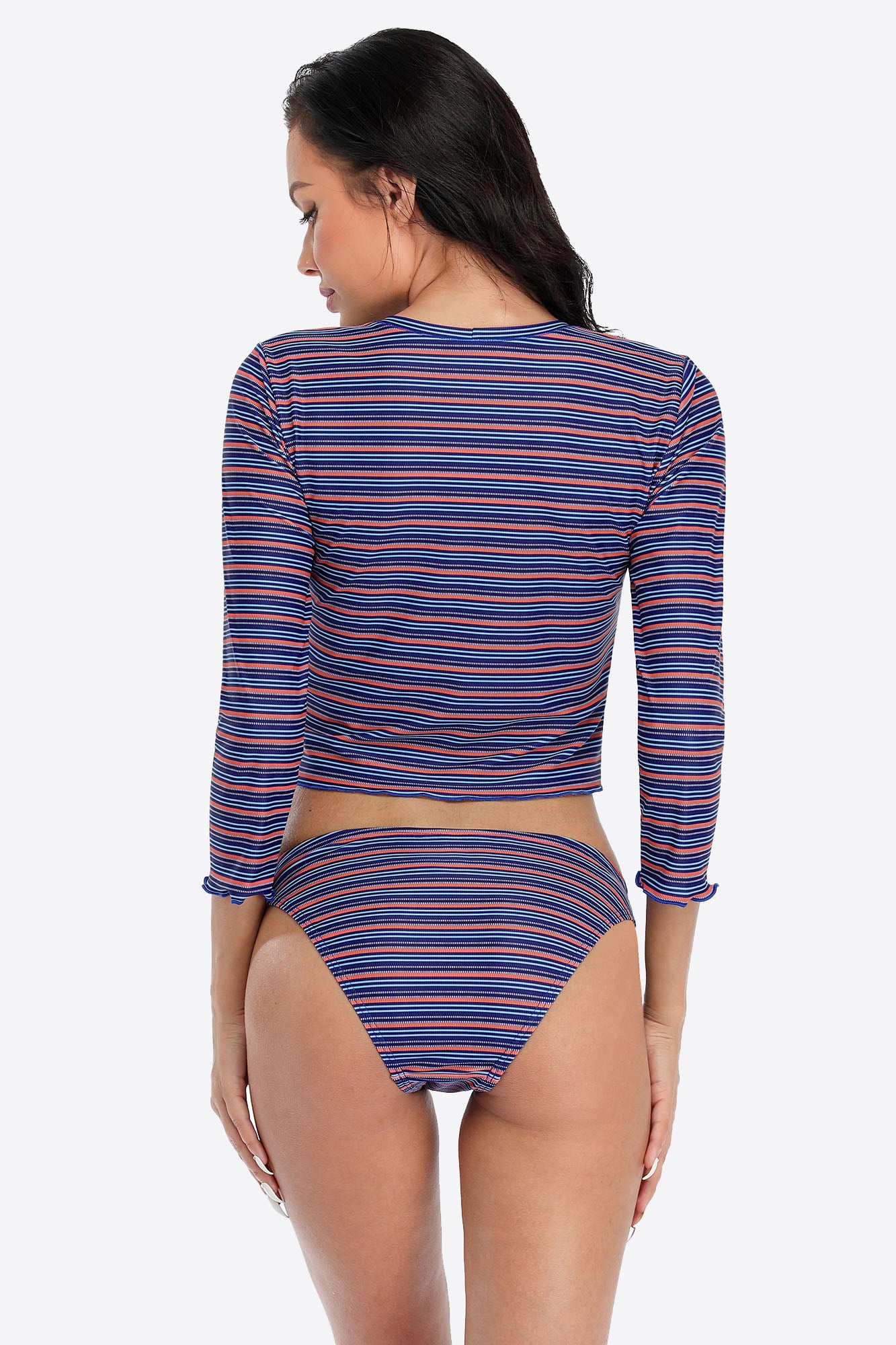 Stripe Ruffle Long Sleeve UPF50+ Cropped Rash Guard With Bottom-Attraco | Fashion Outdoor Clothing