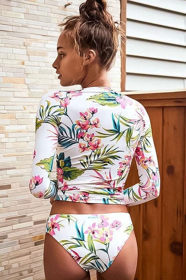 Floral Print Split Pullover Long Sleeve UPF50+ Rash Guard-Attraco | Fashion Outdoor Clothing