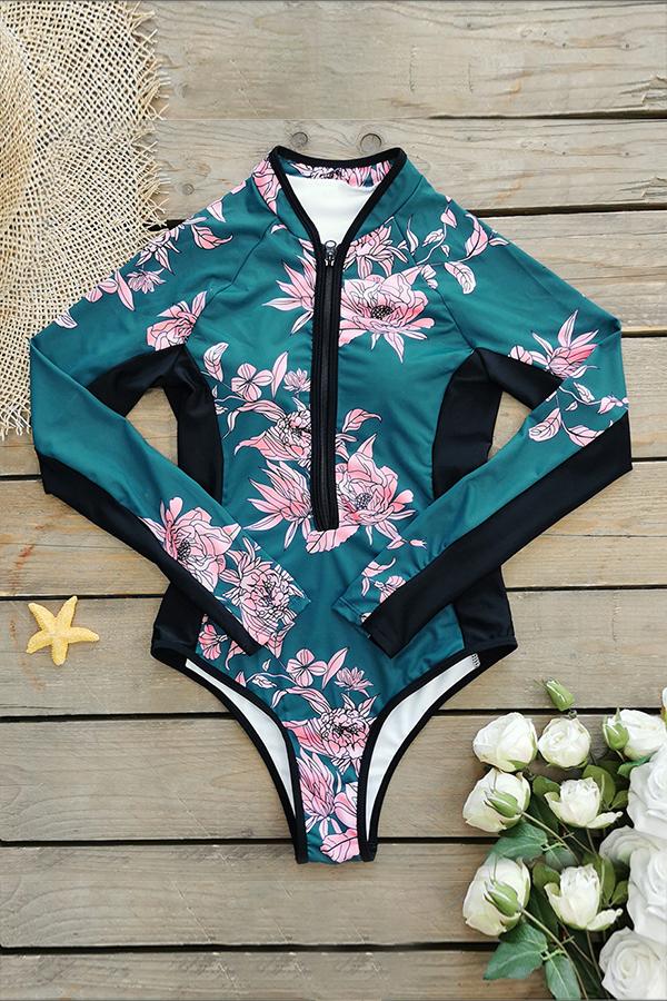 Green Floral Long Sleeve Half Zip UPF50+ Rash Guard-Attraco | Fashion Outdoor Clothing