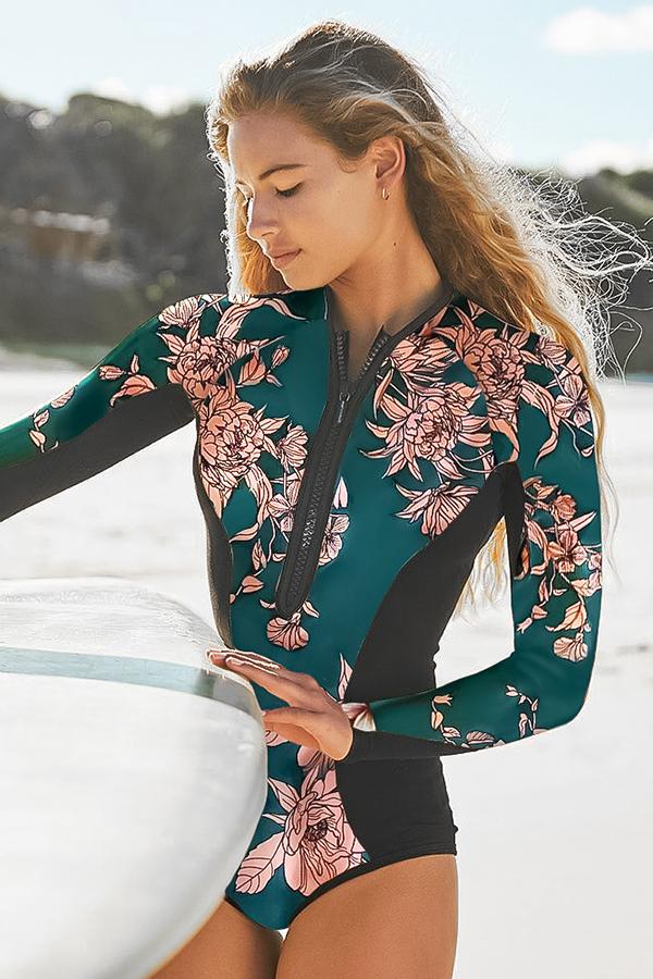 Green Floral Long Sleeve Half Zip UPF50+ Rash Guard-Attraco | Fashion Outdoor Clothing