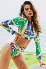 Retro Luxury Print Long Sleeve Swimsuit Rash Guard Set